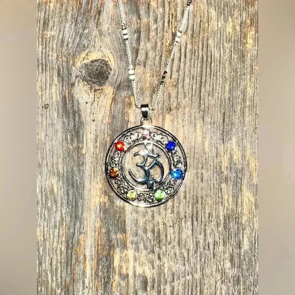 925 sterling silver chain,multi color stone pendant yoga Aum mediation - Picture 5 of 16
